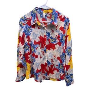 Cotton Daisy Red Multicolor Floral Print Light Weight Blouse Size XL 100% Cotton